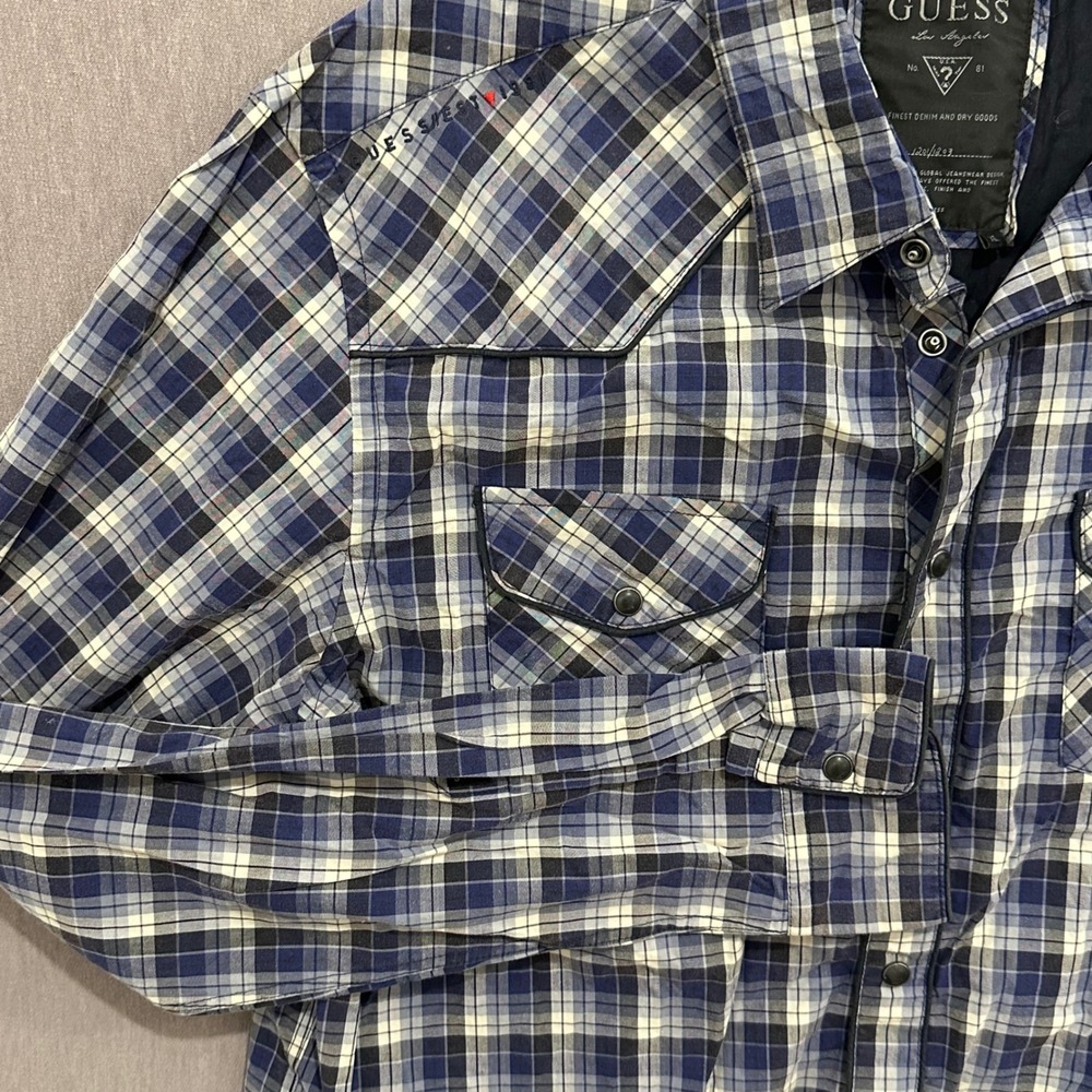 GUESS Plaid Long Sleeve‎ Button Down Shirt Blue White Black Western Style XL Y2K - Picture 3 of 12